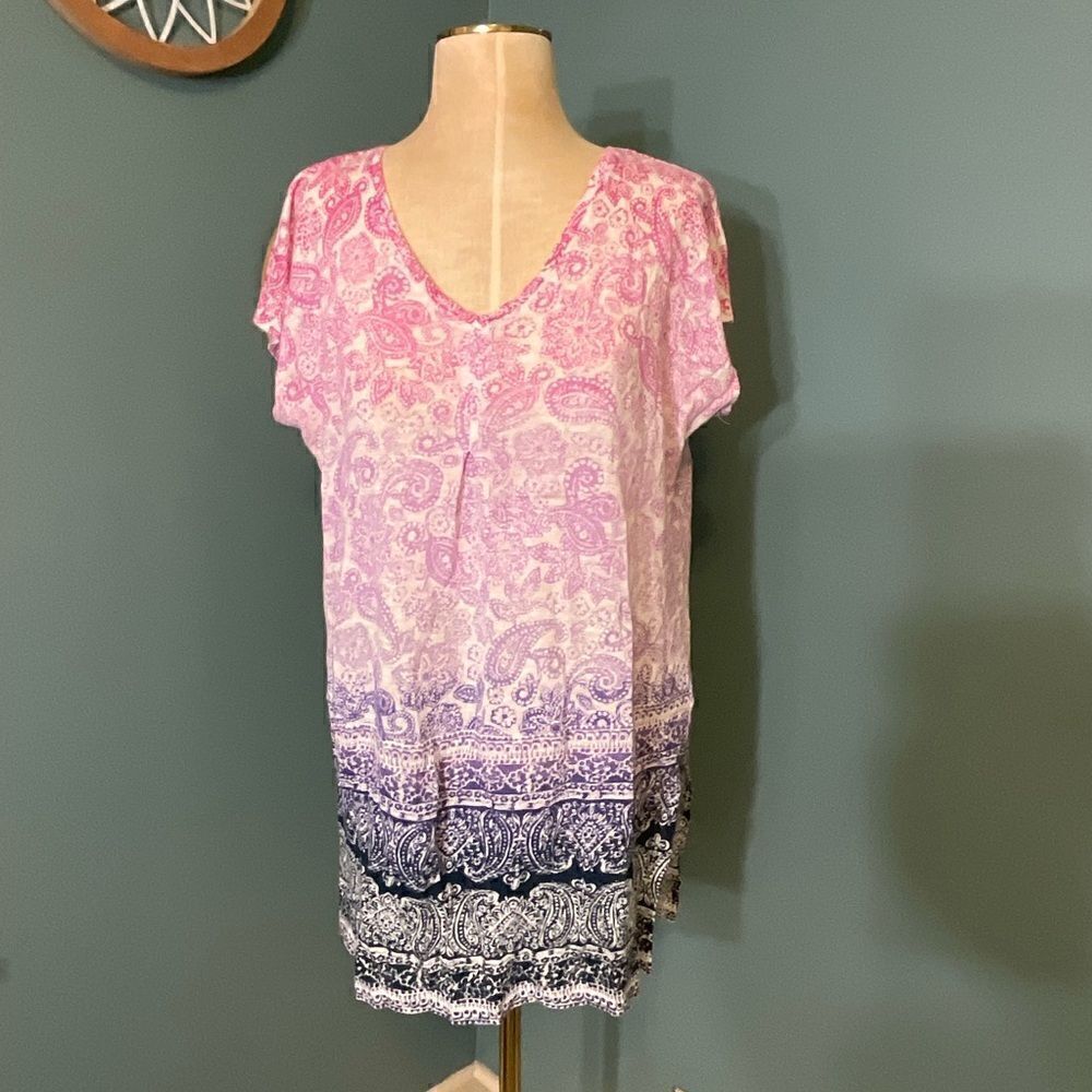 J. Jill Womens V-Neck ‘Love Linen’ Short Sleeve Boho Paisley Tunic Top - Size S